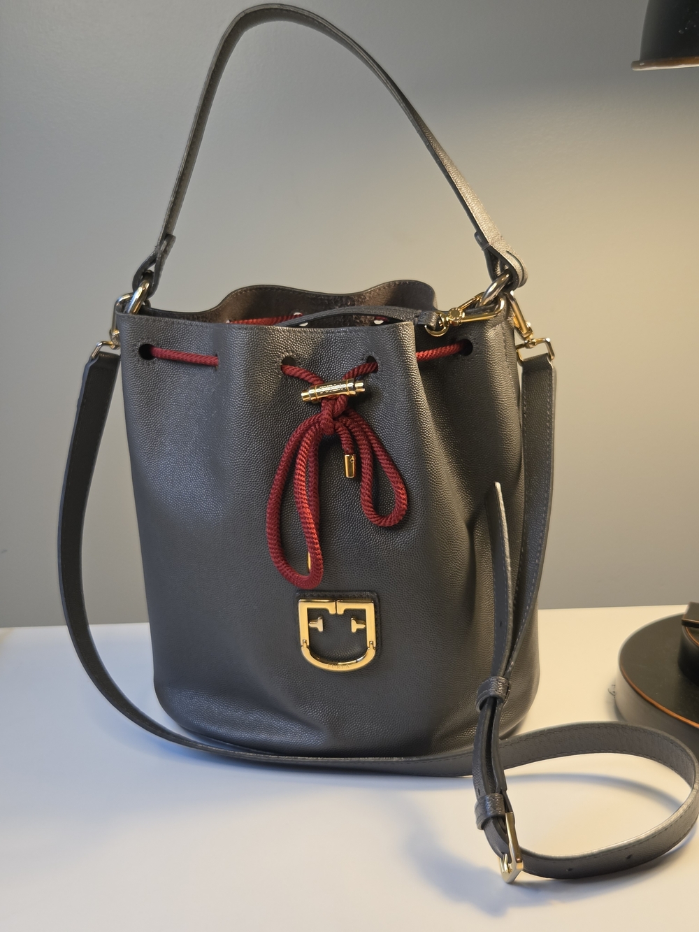 FURLA Gray Leather Bucket Bag with Red Drawstring